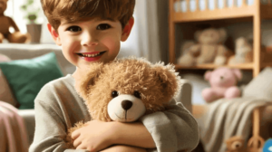 A boy hugging a bear plush in a room